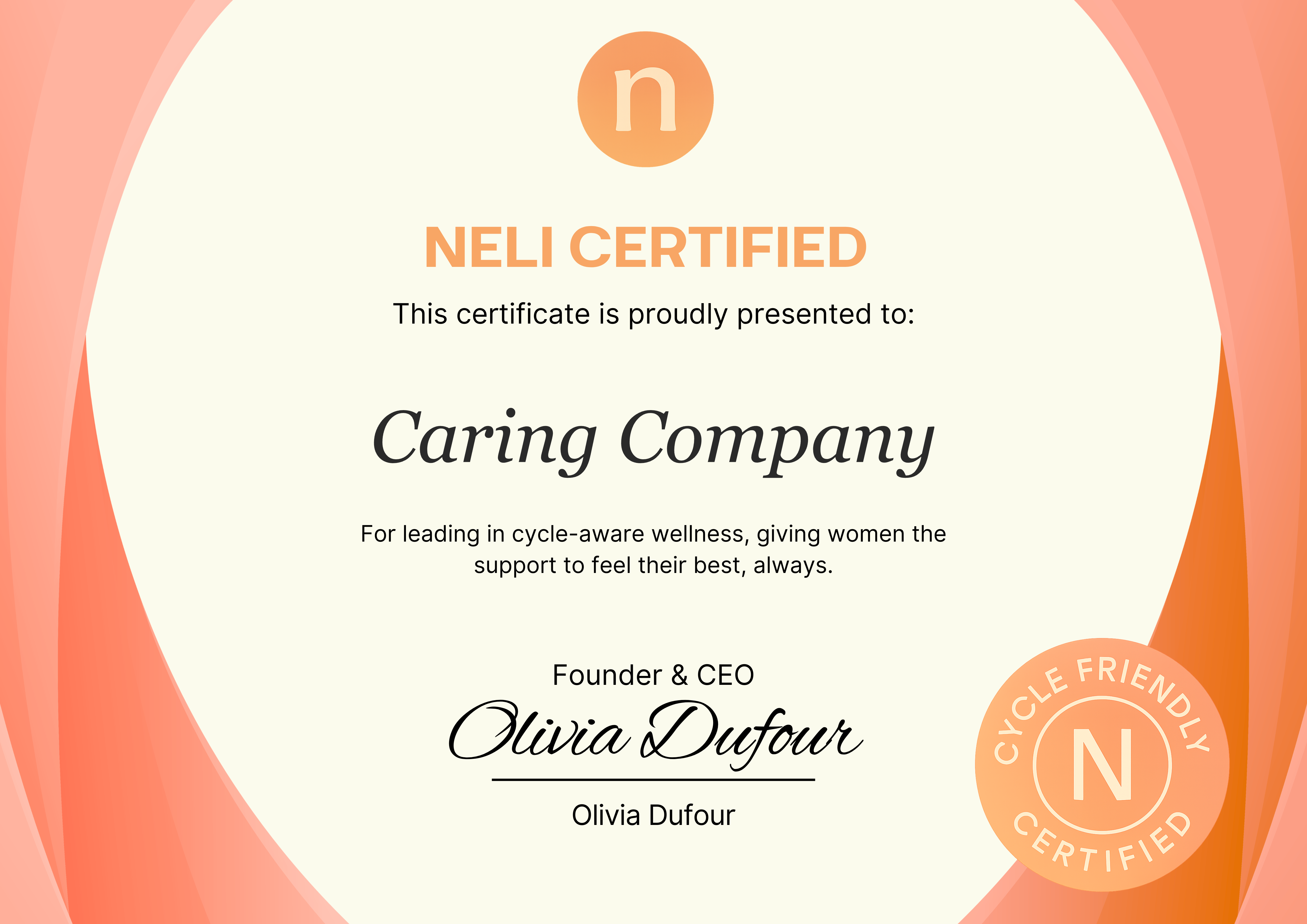Neli Certified certificate for Caring Company with Cycle Friendly Certified badge